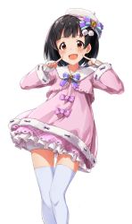Rule 34 | 1girl, beret, black hair, blue bow, blue bowtie, blush, bow, bowtie, brown eyes, commentary request, dress, fingerless gloves, frilled dress, frills, fur-trimmed dress, fur-trimmed gloves, fur-trimmed sleeves, fur trim, gloves, hat, hat bow, highres, idolmaster, idolmaster million live!, long sleeves, looking at viewer, nakatani iku, pink dress, pointing, pointing at viewer, pom pom (clothes), purple bow, purple bowtie, short hair, simple background, solo, striped bow, striped bowtie, striped clothes, striped neckwear, suke (momijigari), thighhighs, white background, white hat, white thighhighs
