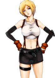 Rule 34 | 1girl, aya brea, bad id, bad pixiv id, belt, blonde hair, blue eyes, breasts, cafe au lait (kafeore), cosplay, cowboy shot, crop top, elbow gloves, elbow pads, final fantasy, final fantasy vii, fingerless gloves, gloves, hands on own hips, head tilt, highres, looking at viewer, midriff, miniskirt, navel, parasite eve, parted lips, short hair, simple background, skirt, solo, suspender skirt, suspenders, tank top, thigh strap, tifa lockhart, tifa lockhart (cosplay)
