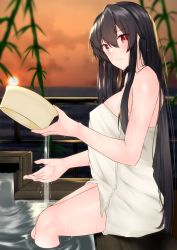 Rule 34 | 1girl, alternate hairstyle, bamboo, basin, beige towel, black hair, cowboy shot, highres, horizon, kantai collection, long hair, looking at viewer, naked towel, onsen, orange sky, red eyes, sidelocks, sky, soaking feet, solo, sun, sunset, symbol-only commentary, towel, water, yahagi (kancolle), z (knkr1025)