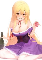 Rule 34 | 1girl, adapted costume, bare shoulders, blonde hair, blush, breasts, cleavage, corset, cup, dress, foot out of frame, hair between eyes, highres, holding, holding cup, kanpa (campagne 9), long hair, looking at viewer, no headwear, off-shoulder dress, off shoulder, purple dress, simple background, sitting, solo, touhou, very long hair, white background, yakumo yukari, yellow eyes, yokozuwari