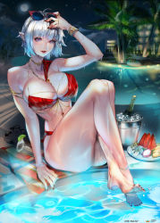 Rule 34 | 1girl, absurdres, ahoge, alcohol, arm at side, armlet, ass, bad id, bad pixiv id, bare legs, bare shoulders, barefoot, beach towel, between breasts, bikini, blunt bangs, bottle, bracelet, breasts, building, champagne, champagne bottle, cleavage, cloud, cloudy sky, cocktail glass, crossed legs, cup, drinking glass, eyelashes, eyewear on head, fingernails, food, fruit, glass, glasses, glint, groin, hand on own head, hand to head, highres, hotel, ice bucket, jewelry, knees up, large breasts, legs, legs together, lemon, lemon slice, long fingernails, looking at viewer, milin (orange maru), nail polish, necklace, nose, original, outdoors, palm tree, parted lips, plate, pointy ears, pool, poolside, purple eyes, qurare magic library, red bikini, red nails, ring, sandals, short hair, silver hair, sitting, sky, solo, striped, striped towel, sunglasses, swimsuit, teeth, thick thighs, thighs, toenail polish, toenails, toes, towel, tree, water, water drop, watermelon