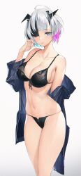 Rule 34 | 1girl, absurdres, ahoge, arm behind back, bare shoulders, bikini, black bikini, black hair, blue eyes, blue hair, blue jacket, blush, breasts, cleavage, closed mouth, cowboy shot, crotch zipper, front-tie bikini top, front-tie top, groin, hair over one eye, hand up, highres, horns, jacket, large breasts, looking at viewer, mhk (mechamania), multicolored hair, navel, off shoulder, one eye covered, open clothes, open jacket, original, pink hair, see-through, see-through jacket, short hair, simple background, skindentation, solo, stomach, string bikini, swimsuit, thighs, unzipped, white background, white hair, wide sleeves, zipper, zipper pull tab