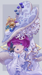 Rule 34 | 1boy, absurdres, alternate costume, blue eyes, blue lips, bob cut, cece hat (zelda), chicken31, earrings, fingernails, frilled sleeves, frills, gloves, hair over one eye, hat, highres, jewelry, link, looking at viewer, nintendo, official alternate hairstyle, parted lips, purple hair, sharp fingernails, solo, the legend of zelda, the legend of zelda: tears of the kingdom, trap, upper body, white gloves