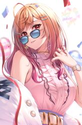 Rule 34 | 1girl, absurdres, ahoge, black-framed eyewear, center frills, colored inner hair, earrings, frills, gold earrings, hair ornament, hairpin, happy birthday, highres, hololive, hololive dev is, ichijou ririka, jewelry, kamishiro mai (capti-no), long hair, looking at viewer, multicolored hair, orange eyes, orange hair, pink hair, pink shirt, ring, shirt, sleeveless, sleeveless shirt, smile, solo, sunglasses, virtual youtuber, watch, wristwatch