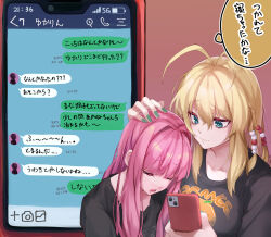 Rule 34 | 2girls, alternate costume, antenna hair, battery indicator, beads, black shirt, blonde hair, c.parfait, cellphone photo, closed eyes, collarbone, commentary, drooling, furrowed brow, green eyes, green nails, hair beads, hair intakes, hair ornament, hand on another&#039;s head, hug, kotonoha akane, mouth drool, multiple girls, open mouth, orange background, pink hair, projected inset, sad smile, shirt, sidelocks, signal bar, sleeping, sleeping on person, text messaging, translation request, tsurumaki maki, upper body, voiceroid