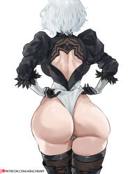 Rule 34 | 1girl, adjusting clothes, arachnart, ass, back cutout, black gloves, black thighhighs, boots, cameltoe, clothing cutout, cowboy shot, from behind, gloves, highres, huge ass, leotard, long sleeves, nier (series), nier:automata, short hair, simple background, solo, standing, thigh boots, thighhighs, thighs, white background, white hair, 2b (nier:automata)