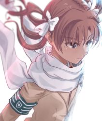 Rule 34 | 1girl, armband, astuffds, brown eyes, brown hair, commentary request, floating scarf, green armband, highres, judgment (toaru), scarf, school uniform, shirai kuroko, short twintails, simple background, solo, sweater vest, toaru majutsu no index, toaru majutsu no index: genesis testament, tokiwadai school uniform, twintails, white background, white scarf