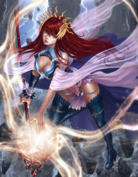 Rule 34 | 1girl, bad id, bad pixiv id, blue thighhighs, boots, borrowed character, breasts, cleavage, cleavage cutout, clothing cutout, detached sleeves, detached sleve, hair ornament, highres, large breasts, lightning, lips, long hair, looking at viewer, magic, ml.e, original, parted lips, red eyes, red hair, solo, staff, thigh boots, thighhighs