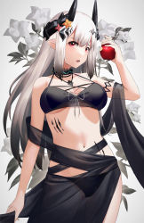Rule 34 | 1girl, absurdres, apple, arknights, bare arms, bare shoulders, bikini, black bikini, breasts, commentary, cowboy shot, food, fruit, grey background, grey flower, highres, holding, holding food, holding fruit, horns, large breasts, long hair, looking at viewer, material growth, mudrock (arknights), mudrock (silent night) (arknights), navel, official alternate costume, open mouth, oripathy lesion (arknights), red eyes, sarong, see-through, silver hair, simple background, solo, standing, stomach, swimsuit, very long hair, wakamepiza