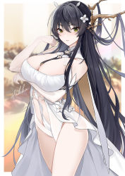 Rule 34 | 1girl, absurdres, antlers, azur lane, between breasts, black hair, blurry, blurry background, blush, breast hold, breasts, cleavage, cleavage cutout, clothing cutout, cowboy shot, dress, elbow gloves, flower, gloves, green eyes, hair between eyes, hair flower, hair ornament, hakka 0922, highres, horns, indomitable (azur lane), large breasts, long hair, looking at viewer, necktie, necktie between breasts, parted lips, revealing clothes, see-through, sidelocks, signature, solo, thighs, white dress, white flower, white gloves