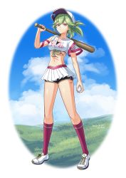 Rule 34 | 1girl, alternate costume, artist name, ball, baseball, baseball bat, baseball cap, black shorts, blue sky, body markings, border, breasts, closed mouth, clothes writing, cloud, crop top, dated, fishnets, full body, genshin impact, green hair, hat, highres, holding, holding ball, holding baseball bat, kneehighs, kuki shinobu, legs, looking at viewer, medium breasts, midriff, miniskirt, navel, over shoulder, pleated skirt, purple eyes, red socks, shirt, shoes, short ponytail, short shorts, short sleeves, shorts, shorts under skirt, skirt, sky, sneakers, socks, solo, stomach, takedachake, thighs, tied shirt, v-shaped eyebrows, white border, white skirt