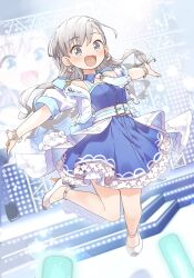 Rule 34 | 1girl, absurdres, bead bracelet, beads, belt, blue dress, blush, bow, bracelet, braid, buttons, commentary request, detached collar, dress, earrings, grey eyes, grey hair, hair bow, high heels, highres, hisakawa hayate, idol, idolmaster, idolmaster cinderella girls, idolmaster cinderella girls starlight stage, jacket, jewelry, jumping, lace, lace-trimmed dress, lace trim, layered dress, light stick, long hair, looking at viewer, necktie, open clothes, open jacket, open mouth, outstretched arms, screen, short sleeves, sleeveless, sleeveless dress, smile, solo, stage, white belt, white footwear, white jacket, white necktie, yukie (kusaka shi)