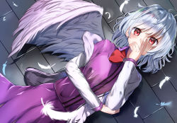Rule 34 | 1girl, absurdres, blush, bow, bowtie, commentary request, cowboy shot, dress, feathered wings, feathers, floor, from above, garaudon, grey jacket, hair between eyes, hand up, highres, jacket, kishin sagume, long sleeves, off shoulder, open clothes, open jacket, purple dress, red bow, red bowtie, red eyes, shadow, short hair, silver hair, solo, touhou, white wings, wings