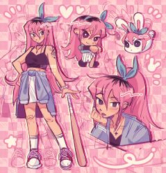 Rule 34 | 1girl, aged up, alternate costume, alternate hairstyle, artist name, aubrey (omori), baseball bat, baseball uniform, black hair, blush, brown eyes, closed mouth, collarbone, cross, cross necklace, ear piercing, hairband, highres, holding, holding baseball bat, jewelry, long hair, looking at viewer, multicolored hair, necklace, omori, piercing, pink hair, ponytail, red footwear, shoes, sneakers, socks, solo, sportswear, tongue, tongue out, white socks, zipsunz