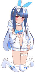 Rule 34 | 1girl, animal ears, animal hood, bikini, bikini under clothes, blue bikini, blue hair, blush, bow, breasts, chiyosuke (nosuke21), commission, fake animal ears, full body, hair bow, highres, hood, hoodie, idolmaster, idolmaster cinderella girls, long hair, long hoodie, looking at viewer, parted lips, pom pom (clothes), rabbit ears, red eyes, sajo yukimi, simple background, skeb commission, sketch, small breasts, solo, swimsuit, thigh strap, thighhighs, white background, white hoodie, white thighhighs