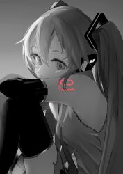 Rule 34 | 1girl, boots, detached sleeves, hatsune miku, headset, highres, long hair, monochrome, necktie, potetoneko, shirt, sleeveless, sleeveless shirt, solo, spot color, thigh boots, twintails, vocaloid