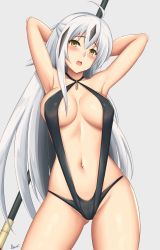 Rule 34 | 1girl, arcie albano, armpits, arms behind head, arms up, bare shoulders, black hair, black one-piece swimsuit, blush, breasts, collarbone, fate/grand order, fate (series), hair between eyes, highleg, highleg swimsuit, highres, large breasts, long hair, looking at viewer, multicolored hair, nagao kagetora (fate), navel, one-piece swimsuit, open mouth, polearm, signature, simple background, slingshot swimsuit, solo, spear, streaked hair, swimsuit, thighs, two-tone hair, very long hair, weapon, white background, white hair, yellow eyes