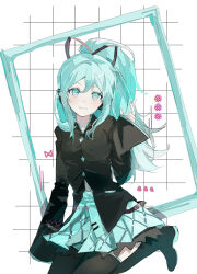 Rule 34 | 1girl, absurdres, aqua eyes, aqua hair, aqua nails, aqua skirt, aqua trim, arm support, black footwear, black headphones, black ribbon, black shirt, boots, buttons, closed mouth, collared shirt, commentary, diamond button, english commentary, grid background, hair between eyes, hair ribbon, hand up, hatsune miku, hatsune miku (if), headphones, high heel boots, high heels, highres, kneeling, knees out of frame, layered skirt, light smile, long hair, long sleeves, looking at viewer, miniskirt, nail polish, patterned clothing, pleated skirt, ponytail, pye yyy, red ribbon, ribbon, shirt, sidelocks, simple background, skirt, sleeves past wrists, thigh boots, two-tone ribbon, vocaloid, white background