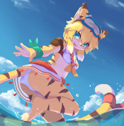 Rule 34 | 1girl, animal ears, bikini, bikini skirt, blonde hair, blue eyes, day, duxy123, fang, female focus, furry, furry female, goggles, goggles on head, highres, mia (world flipper), multicolored hair, outdoors, partially submerged, ribbon, solo, standing, standing on one leg, swimsuit, tail, tail ornament, tail ribbon, tiger ears, tiger tail, water, world flipper