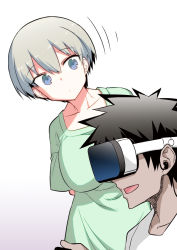 Rule 34 | 1boy, 1girl, :d, arms behind back, black hair, blue eyes, breasts, green shirt, grey hair, hair between eyes, head-mounted display, hitotose rin, large breasts, leaning to the side, looking at another, motion lines, open mouth, pout, sakurai shin&#039;ichi, shirt, short hair, short sleeves, sideways mouth, simple background, smile, spiked hair, uzaki-chan wa asobitai!, uzaki hana, white background