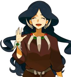 Rule 34 | 1girl, artist request, black hair, blush, closed eyes, creatures (company), drasna (pokemon), earrings, game freak, jewelry, mature female, necklace, nintendo, open mouth, pokemon, smile, solo, waving