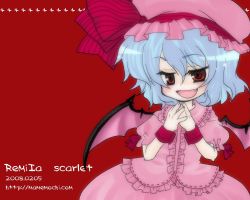 Rule 34 | 00s, 1girl, 2008, :d, bat wings, blue hair, blush, bow, character name, chibi, demon girl, dress, fang, female focus, fingernails, flat chest, frills, hat, lolita fashion, long fingernails, looking at viewer, mame., naughty face, open mouth, own hands clasped, own hands together, pink hat, red eyes, remilia scarlet, short hair, simple background, smile, solo, striped, touhou, wallpaper, wings, wrist cuffs
