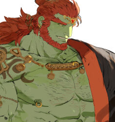 Rule 34 | 1boy, armlet, bara, bare pectorals, beard, chest hair, colored skin, facial hair, fang, ganondorf, gold, gomihebi, green skin, hadanugi dousa, highres, huge eyebrows, large pectorals, long hair, looking to the side, male focus, mature male, muscular, muscular male, nintendo, nipple piercing, nipple rings, nipples, official alternate costume, open clothes, open kimono, orange hair, pectorals, piercing, smirk, solo, tattoo, the legend of zelda, the legend of zelda: tears of the kingdom, thick eyebrows, upper body
