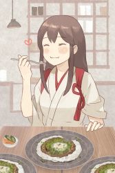 Rule 34 | 1girl, akagi (kancolle), blush, breasts, brown hair, closed eyes, eating, food, food in mouth, holding, holding spoon, japanese clothes, kantai collection, kasumi (skchkko), long hair, plate, sidelocks, solo, spoon, table, tasuki