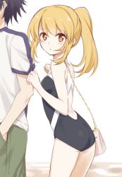 Rule 34 | + +, 1boy, 1girl, 2020, 20s, aged down, black one-piece swimsuit, blonde hair, blouse, blush, brown eyes, clothes grab, competition school swimsuit, cowboy shot, green pants, hair between eyes, hand in pocket, highres, kamijou touma, long hair, looking at viewer, matching hair/eyes, nemu mohu, one-piece swimsuit, pants, parted lips, ponytail, school swimsuit, shirt, shokuhou misaki, short sleeves, sleeve grab, solo focus, standing, sweatdrop, swimsuit, toaru majutsu no index, toaru majutsu no index: new testament, tokiwadai school swimsuit, white shirt