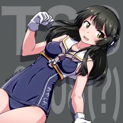 Rule 34 | 1girl, 547th sy, text background, black hair, blue one-piece swimsuit, blush, breasts, clothes writing, cosplay, dated, framed breasts, gloves, grey background, hair ornament, hairclip, highres, i-13 (kancolle), i-13 (kancolle) (cosplay), kantai collection, long hair, medium breasts, one-piece swimsuit, open mouth, oyashio (kancolle), sailor collar, school swimsuit, signature, simple background, solo, swimsuit, white gloves, yellow eyes