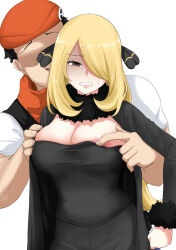 Rule 34 | 1boy, 1girl, behind another, beret, black coat, black pants, black shirt, blonde hair, breasts, clenched teeth, clothes pull, coat, commentary request, creatures (company), cynthia (pokemon), faceless, faceless male, fur-trimmed sleeves, fur collar, fur trim, furrowed brow, game freak, grabbing, grabbing from behind, grey eyes, hair ornament, hair over one eye, hat, hetero, highres, kiral kuota, large breasts, long hair, looking down, lucas (pokemon), nintendo, nipple stimulation, nipple tweak, nipples, pants, pokemon, pokemon dppt, pulling another&#039;s clothes, red headwear, shirt, shirt pull, sweatdrop, teeth
