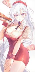 Rule 34 | 1girl, absurdres, apron, azur lane, beige shirt, belfast (azur lane), belfast (piping-hot perfection) (azur lane), braid, breasts, broken, broken chain, chain, chain, cleavage, cleavage cutout, clothing cutout, food, french braid, highres, holding, holding food, holding pizza, irohatomo, long hair, low neckline, nail polish, pizza, pizza slice, purple eyes, red apron, red nails, red scrunchie, scrunchie, simple background, solo, very long hair, waitress, white background, white hair, wrist cuffs