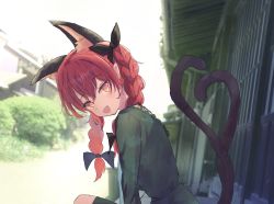 Rule 34 | 1girl, :d, absurdres, animal ears, black bow, bloom, bow, braid, bush, cat ears, dress, from side, green dress, hair bow, head tilt, highres, kaenbyou rin, kiritanpo117, long sleeves, looking at viewer, open mouth, overexposure, red hair, smile, solo, touhou, tree, twin braids