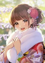 Rule 34 | 1girl, :d, blue flower, blurry, blurry background, blush, brown eyes, brown hair, depth of field, floral print, flower, furisode, hair flower, hair ornament, hands up, head tilt, highres, holding, japanese clothes, kimono, long sleeves, morikura en, omikuji, open mouth, original, own hands together, print kimono, red flower, round teeth, smile, solo, teeth, textless version, upper body, upper teeth only