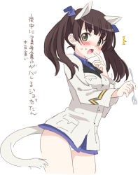 Rule 34 | ^^^, 10s, 1girl, :o, animal ears, black hair, blush, brave witches, fork, georgette lemare, green eyes, holding, holding fork, long hair, looking at viewer, mochiya marosuke, sketch, solo, strike witches, tail, translated, twintails, uniform, white background, world witches series