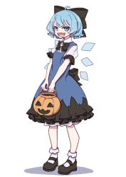 Rule 34 | 1girl, absurdres, ahoge, basket, black bow, black footwear, blue dress, blue eyes, blue hair, blush stickers, bow, cirno, collared shirt, detached wings, dress, fairy, fang, hair bow, halloween, halloween costume, highres, holding, holding basket, ice, ice wings, kame (kamepan44231), one-hour drawing challenge, open mouth, puffy short sleeves, puffy sleeves, shirt, shoes, short hair, short sleeves, simple background, skin fang, smile, socks, solo, touhou, white background, white shirt, white socks, wings