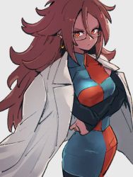 Rule 34 | 1girl, android 21, breasts, checkered clothes, checkered dress, crossed arms, dragon ball, dragon ball fighterz, dress, earrings, glasses, grey background, hair between eyes, hoop earrings, jewelry, kemachiku, lab coat, long hair, looking at viewer, medium breasts, pantyhose, red eyes, red hair, simple background, solo