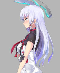 Rule 34 | 10s, 1girl, dress, gloves, grey background, hair ribbon, headgear, kantai collection, long hair, mamo williams, multicolored clothes, multicolored gloves, murakumo (kancolle), murakumo kai ni (kancolle), necktie, open mouth, red necktie, red ribbon, ribbon, short sleeves, silver hair, simple background, solo, tress ribbon, white dress, yellow eyes