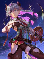 Rule 34 | 1girl, atelier (series), atelier resleriana, belt, breasts, broken horn, colored inner hair, demon horns, gloves, guest art, highres, horns, hungry clicker, looking to the side, low twintails, medium breasts, multicolored hair, official art, partially fingerless gloves, pink hair, second-party source, sideboob, sky, solo, star (sky), starry sky, twintails, two-tone hair, valeria (atelier)