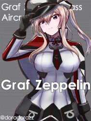 Rule 34 | 1girl, black gloves, blonde hair, breasts, capelet, character name, cross, gloves, graf zeppelin (kancolle), grey eyes, hair between eyes, hat, highres, iron cross, kantai collection, large breasts, military hat, military uniform, necktie, one-hour drawing challenge, peaked cap, roko roko (doradorazz), sidelocks, solo, standing, twintails, two-tone necktie, uniform, upper body