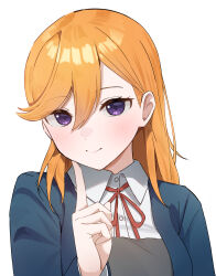 Rule 34 | 1girl, absurdres, blue jacket, blush, closed mouth, collared shirt, commentary request, dress, enpik, grey dress, hair between eyes, highres, index finger raised, jacket, long sleeves, looking at viewer, love live!, love live! superstar!!, medium hair, neck ribbon, open clothes, open jacket, orange hair, pinafore dress, purple eyes, red ribbon, ribbon, school uniform, shibuya kanon, shirt, sleeveless, sleeveless dress, smile, solo, upper body, white background, white shirt, winter uniform, yuigaoka school uniform