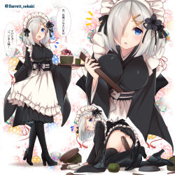 Rule 34 | 1girl, alternate costume, apron, baretto (firearms 1), black skirt, black thighhighs, blue hair, breasts, commentary request, enmaided, hair ornament, hair over one eye, hairclip, hamakaze (kancolle), high heels, kantai collection, large breasts, looking at viewer, maid, maid headdress, multiple views, one eye closed, open mouth, parted lips, pleated skirt, short hair, skirt, thighhighs, translated, wa maid, white apron, white hair