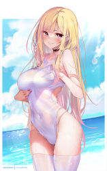 Rule 34 | 1girl, bare shoulders, blonde hair, blush, breasts, collarbone, commentary, covered navel, highleg, highleg swimsuit, hong (white spider), kitagawa marin, large breasts, long hair, looking at viewer, one-piece swimsuit, red eyes, see-through, smile, solo, sono bisque doll wa koi wo suru, swimsuit, thighhighs, thighs, white one-piece swimsuit, white thighhighs