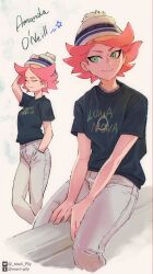 Rule 34 | 1girl, amanda o&#039;neill, black shirt, blush, character name, closed eyes, closed mouth, green eyes, hand in pocket, hat, highres, little witch academia, looking at viewer, marii pily, multiple views, orange hair, pants, shirt, short hair, simple background, smile, white pants