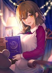 Rule 34 | 1girl, absurdres, ahoge, alternate costume, book, braid, braided ponytail, breasts, brown hair, chair, commentary request, enmaided, highres, holding, holding book, hoshina hoshimi, idolmaster, idolmaster shiny colors, indoors, kuwayama chiyuki, lamp, large breasts, long hair, long sleeves, maid, on chair, open mouth, orange eyes, red sleeves, sitting, smile, solo, stuffed animal, stuffed toy, teddy bear
