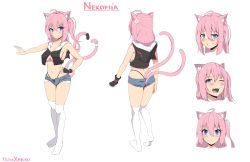 Rule 34 | 1girl, :3, ;d, absurdres, ahoge, animal ears, armpits, bare arms, bare shoulders, black gloves, black panties, black shirt, blue eyes, breasts, cat ears, cat girl, cat tail, character name, cleavage, collarbone, commentary, crop top, exposed pocket, expressions, fingerless gloves, full body, gloves, grin, hair between eyes, hand on own hip, highleg, highleg panties, highres, hood, hood down, kaptivate, kneehighs, large breasts, long hair, looking at viewer, micro shorts, midriff, multiple tails, multiple views, navel, nekomia (kaptivate), no bra, no shoes, one eye closed, one side up, open fly, open mouth, original, outstretched arm, panties, pink hair, shirt, short shorts, shorts, simple background, single glove, sleeveless, sleeveless shirt, smile, smug, socks, standing, stomach, tail, thighhighs, thighs, thong, two tails, underwear, white background, white socks