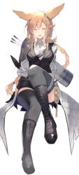 Rule 34 | 1girl, animal ears, antenna hair, arknights, arrow (projectile), black footwear, black thighhighs, black vest, blonde hair, boots, braid, commentary, closed eyes, facing viewer, full body, hair between eyes, hair ornament, highres, kroos (arknights), kroos the keen glint (arknights), long hair, open mouth, quiver, rabbit ears, sasa onigiri, shirt, simple background, sitting, solo, thighhighs, vest, white background, white shirt