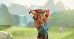 Rule 34 | absurdres, alternate costume, armlet, armpits, arms up, bag, bare arms, belt, blonde hair, blue eyes, breasts, brown belt, cleavage, collarbone, day, earrings, goggles, goggles on head, grass, highres, horse, jewelry, link, male focus, medium hair, mountain, nintendo, outdoors, parted lips, pointy ears, scenery, solo, sweat, tank top, tehwi, the legend of zelda, the legend of zelda: breath of the wild, upper body, water, waterfall