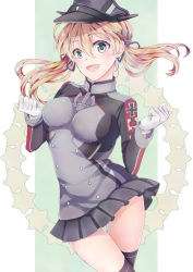 Rule 34 | 10s, 1girl, anchor hair ornament, aqua eyes, blonde hair, breasts, cross, hair ornament, hat, iron cross, kantai collection, microskirt, military, military uniform, miyata mozuku, open mouth, peaked cap, prinz eugen (kancolle), skirt, smile, solo, twintails, uniform