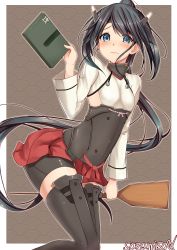 Rule 34 | 1girl, absurdres, bike shorts, black hair, blue eyes, blush, bow (weapon), cosplay, crossbow, flat chest, highres, houshou (kancolle), kantai collection, long hair, looking at viewer, ponytail, sazamiso rx, skirt, solo, taihou (kancolle) (cosplay), taihou (kancolle), thighhighs, very long hair, weapon, zettai ryouiki